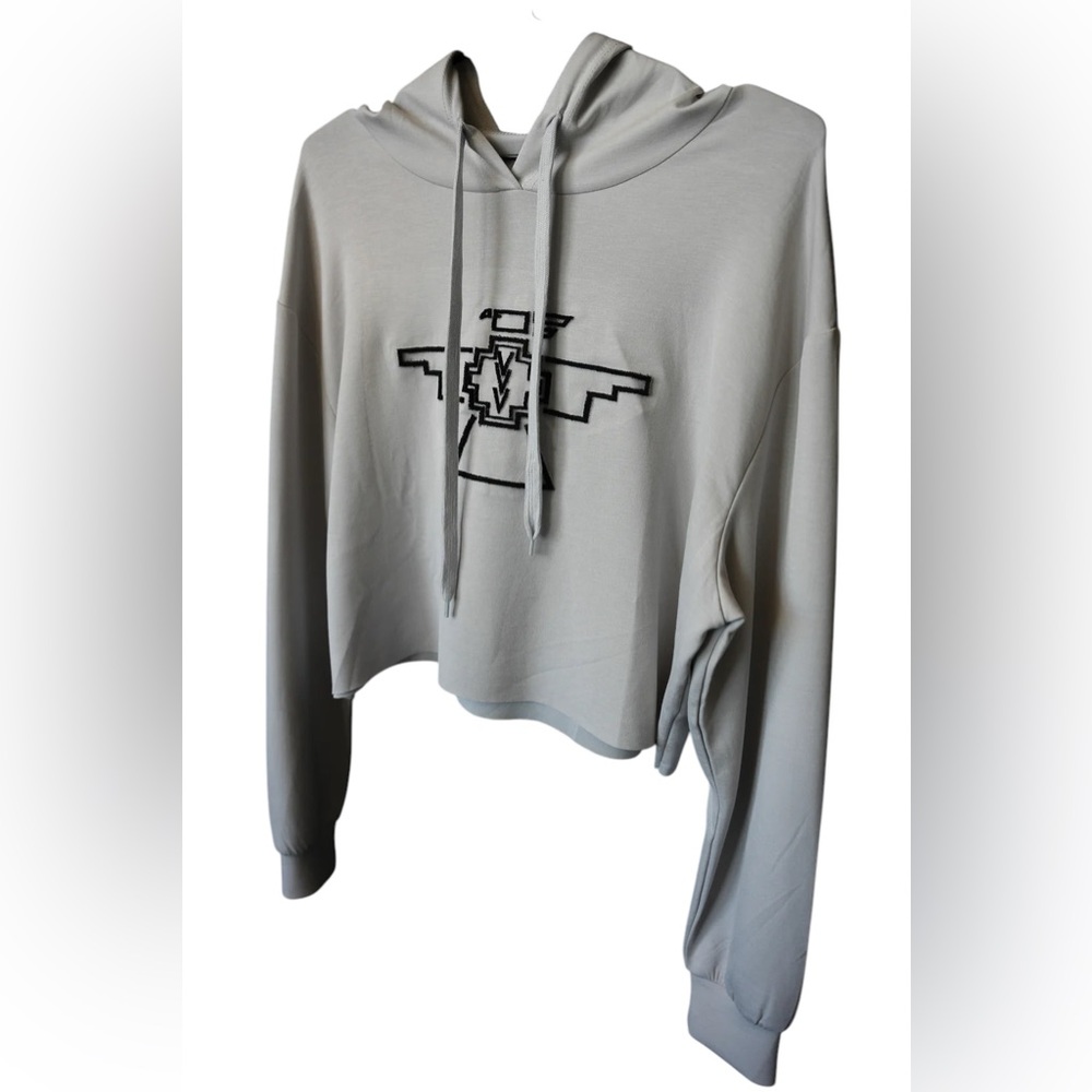TWO FLY Thunderbird Western Embroidered Light Grey Crop Lightweight Hoodie